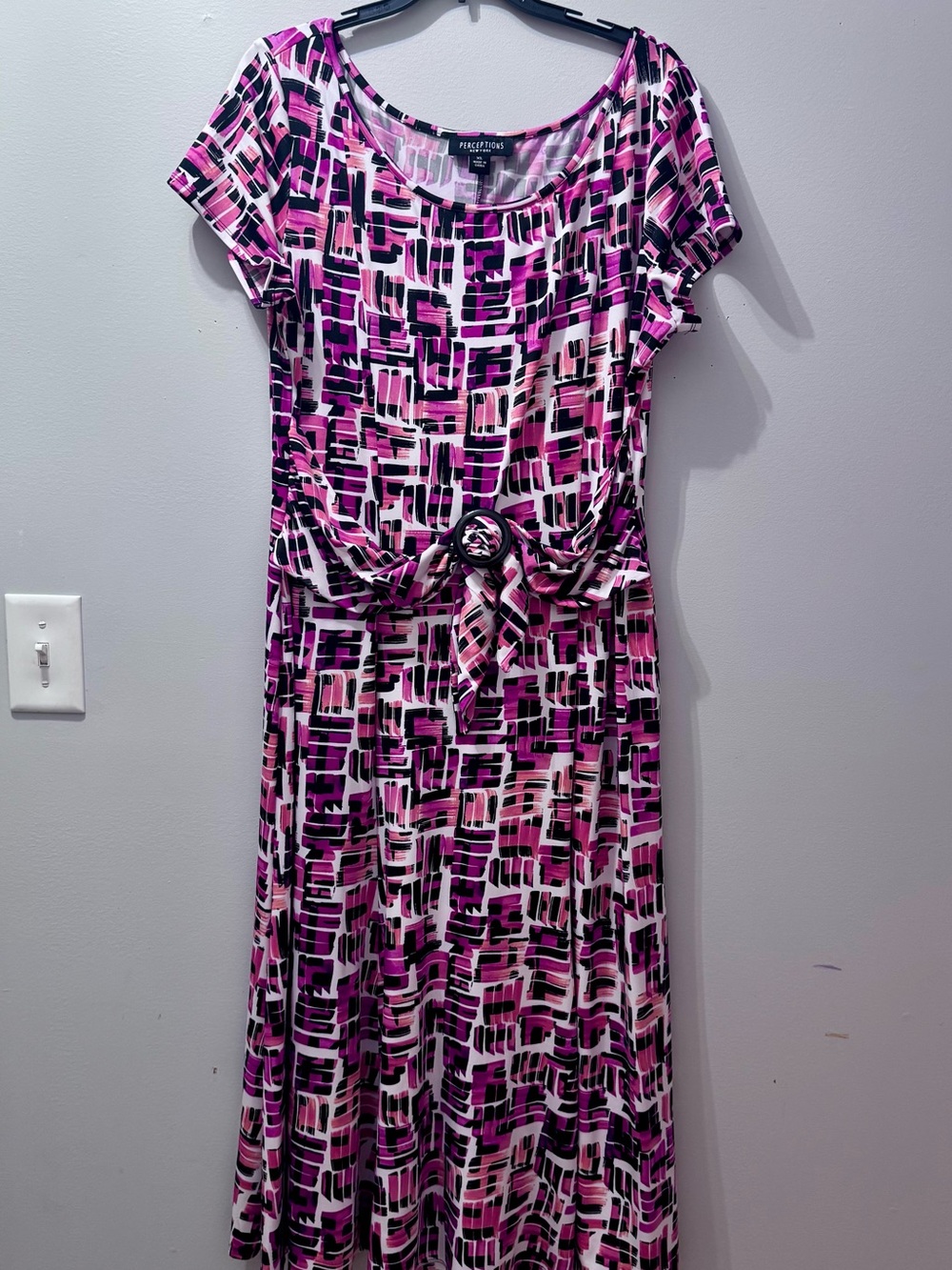 Perceptions New York Pink Geometric Knit Dress with Waist Tie, Size XL